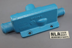 Blue upper thermostat housing cover for OMC watercraft engines, with visible model number 910360 inscribed on the surface.
