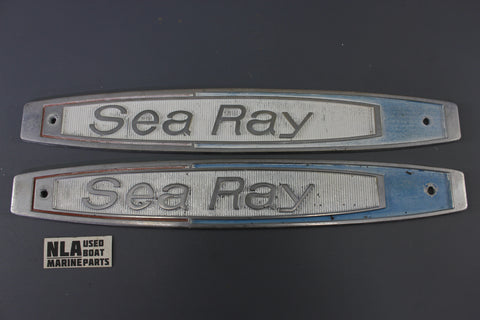 Sea Ray Vintage Metal Chrome Emblem Red White Blue 12.5" Set of Two